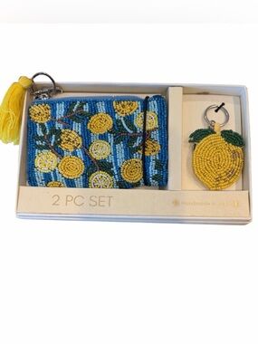Handmade Beaded Lemon Coin Purse & Keychain Set - Yellow/Blue